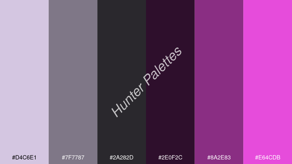 fekete szín palettája a következőkkel: #d4c6e1 #7f7787 #2a282d #2e0f2c #8a2e83 #e64cdb