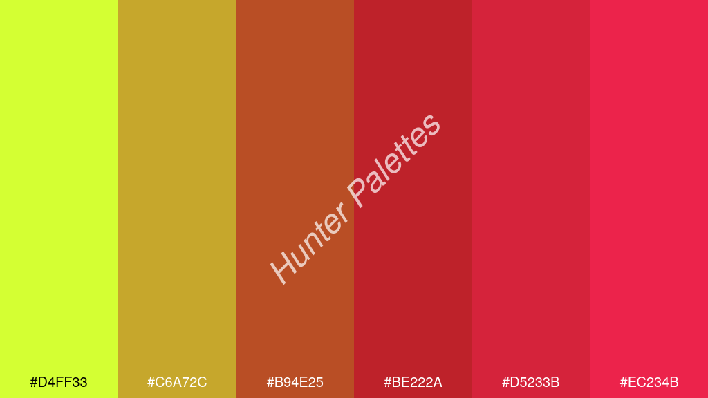 tégla szín palettája a következőkkel: #d4ff33 #c6a72c #b94e25 #be222a #d5233b #ec234b