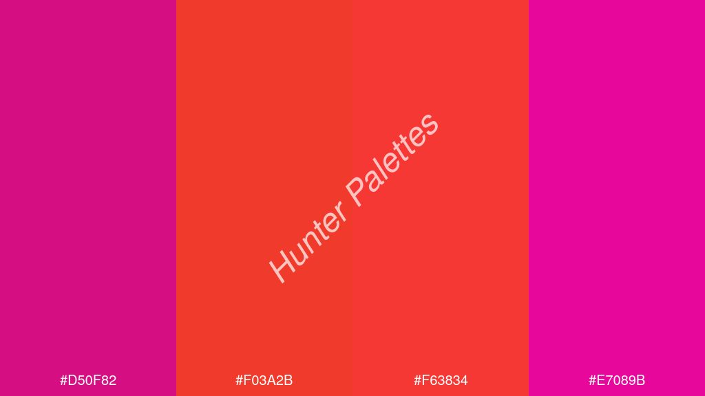 Pantone narancs szín palettája a következőkkel: #d50f82 #f03a2b #f63834 #e7089b