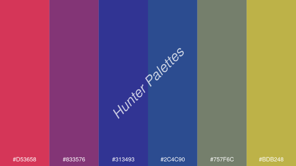 királykék szín palettája a következőkkel: #d53658 #833576 #313493 #2c4c90 #757f6c #bdb248