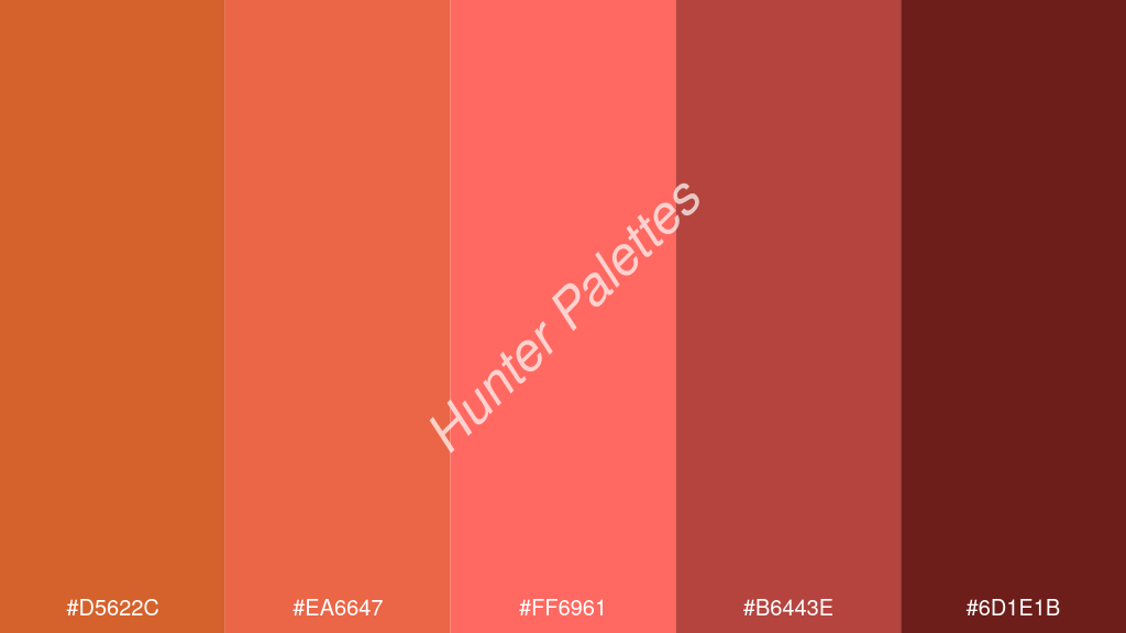 pasztell piros szín palettája a következőkkel: #d5622c #ea6647 #ff6961 #b6443e #6d1e1b