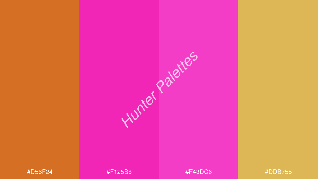 magenta szín palettája a következőkkel: #d56f24 #f125b6 #f43dc6 #ddb755