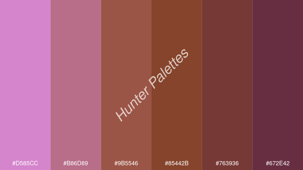 barna szín palettája a következőkkel: #d585cc #b86d89 #9b5546 #85442b #763936 #672e42