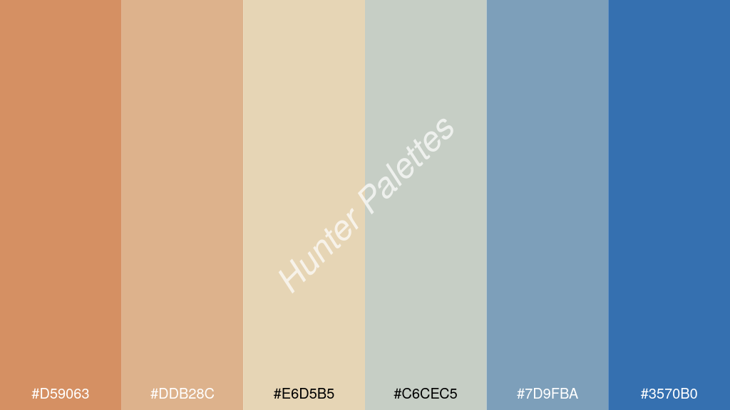 gyöngyház fehér szín palettája a következőkkel: #d59063 #ddb28c #e6d5b5 #c6cec5 #7d9fba #3570b0
