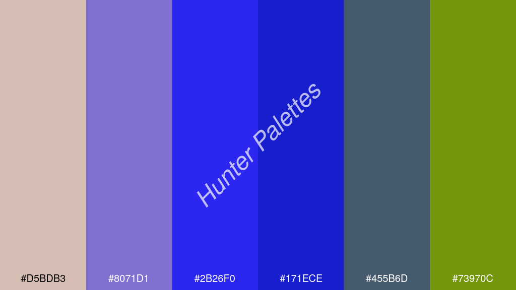 kék szín palettája a következőkkel: #d5bdb3 #8071d1 #2b26f0 #171ece #455b6d #73970c