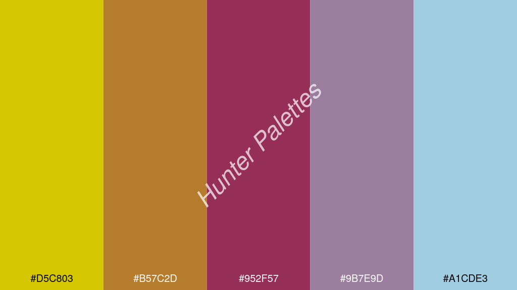 cseresznye szín palettája a következőkkel: #d5c803 #b57c2d #952f57 #9b7e9d #a1cde3