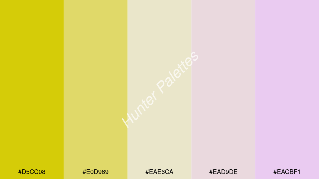 gyöngyház fehér szín palettája a következőkkel: #d5cc08 #e0d969 #eae6ca #ead9de #eacbf1