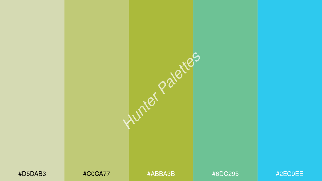 kivi szín palettája a következőkkel: #d5dab3 #c0ca77 #abba3b #6dc295 #2ec9ee