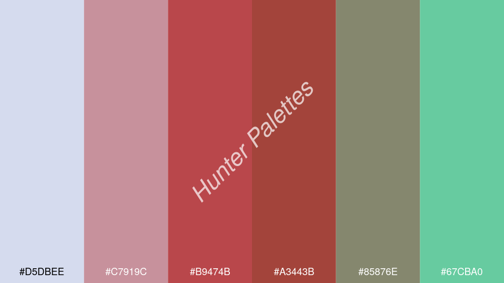 tégla szín palettája a következőkkel: #d5dbee #c7919c #b9474b #a3443b #85876e #67cba0