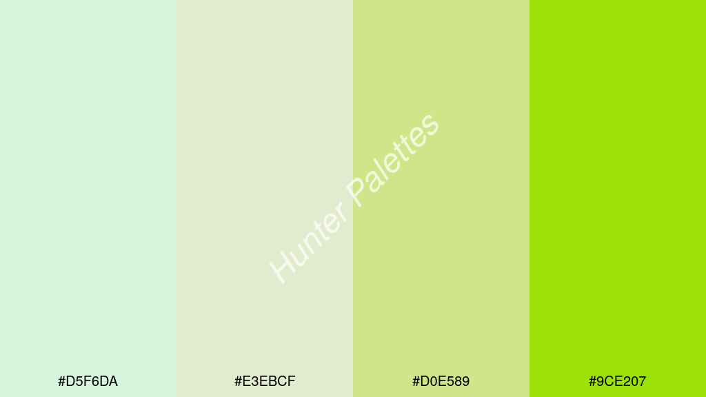 gyöngyház fehér szín palettája a következőkkel: #d5f6da #e3ebcf #d0e589 #9ce207
