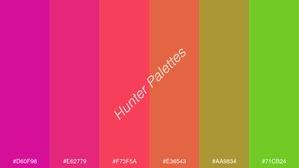 világos piros szín palettája a következőkkel: #d60f98 #e62779 #f73f5a #e36543 #aa9834 #71cb24