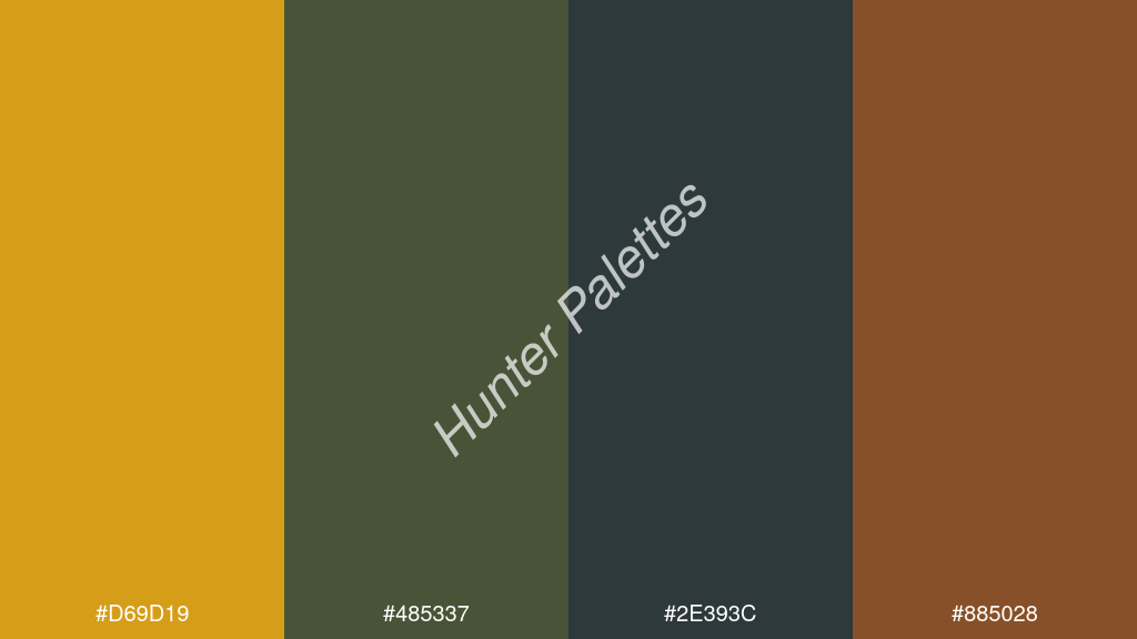 pávakék szín palettája a következőkkel: #d69d19 #485337 #2e393c #885028