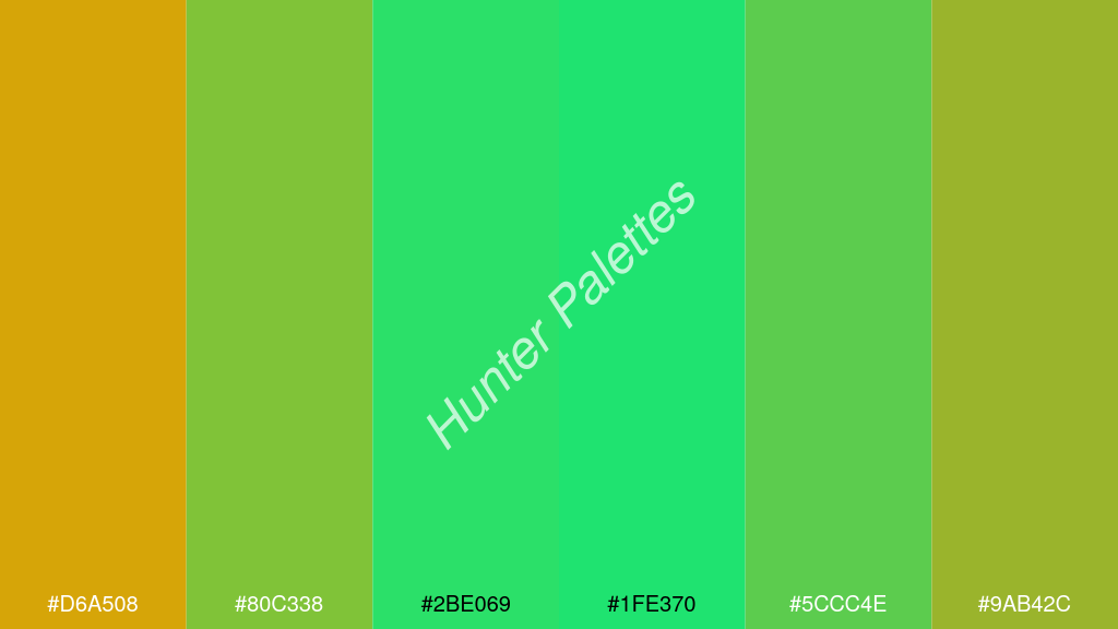 foszforeszkáló zöld szín palettája a következőkkel: #d6a508 #80c338 #2be069 #1fe370 #5ccc4e #9ab42c