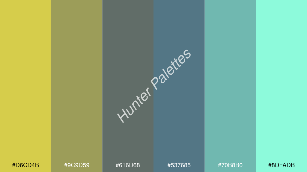 kékes szürke szín palettája a következőkkel: #d6cd4b #9c9d59 #616d68 #537685 #70b8b0 #8dfadb