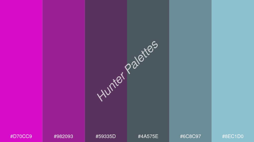 oxford szürke szín palettája a következőkkel: #d70cc9 #982093 #59335d #4a575e #6c8c97 #8ec1d0
