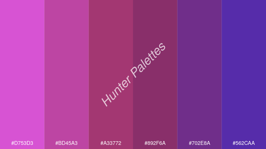 bordó szín palettája a következőkkel: #d753d3 #bd45a3 #a33772 #892f6a #702e8a #562caa