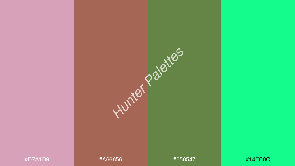 barna szín palettája a következőkkel: #d7a1b9 #a66656 #658547 #14fc8c