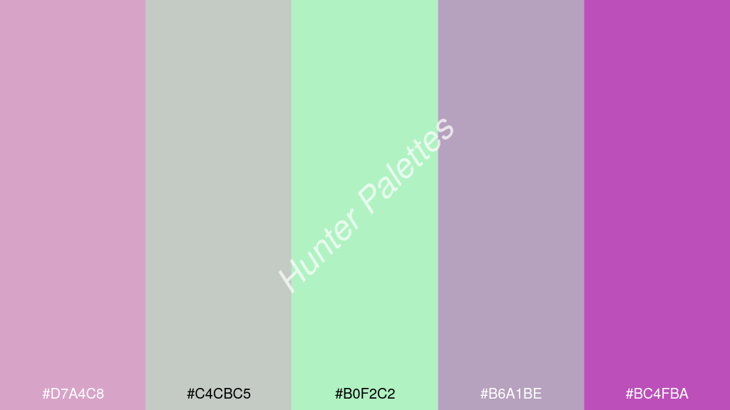 pasztellzöld szín palettája a következőkkel: #d7a4c8 #c4cbc5 #b0f2c2 #b6a1be #bc4fba