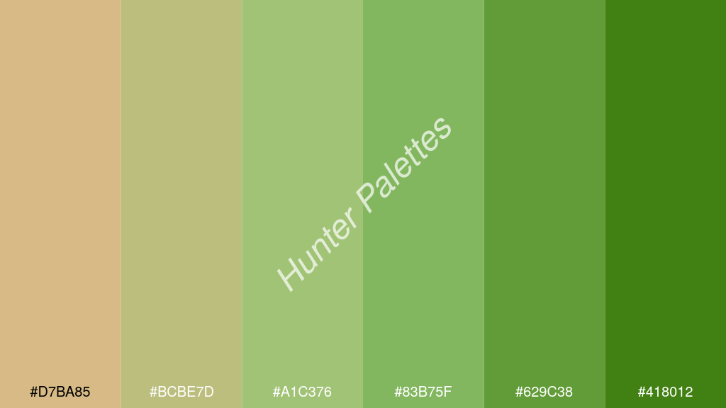 pisztáciazöld szín palettája a következőkkel: #d7ba85 #bcbe7d #a1c376 #83b75f #629c38 #418012