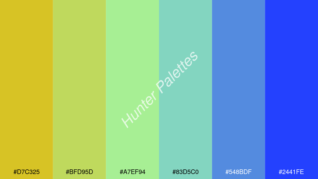 menta szín palettája a következőkkel: #d7c325 #bfd95d #a7ef94 #83d5c0 #548bdf #2441fe