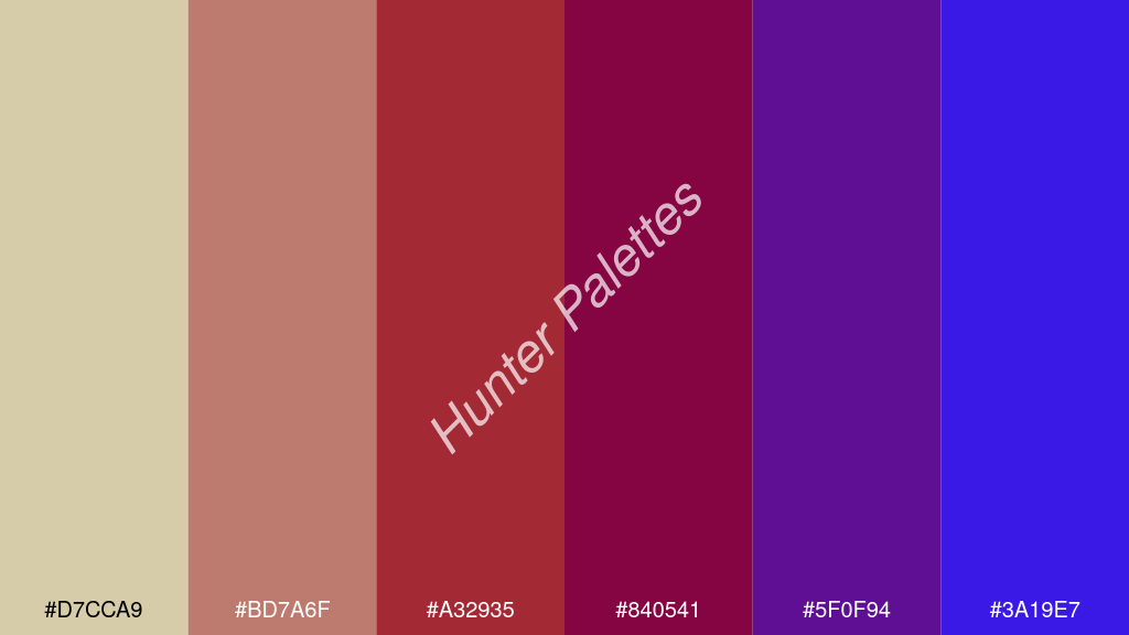 karmazsin szín palettája a következőkkel: #d7cca9 #bd7a6f #a32935 #840541 #5f0f94 #3a19e7