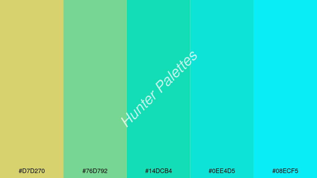 karibi zöld szín palettája a következőkkel: #d7d270 #76d792 #14dcb4 #0ee4d5 #08ecf5