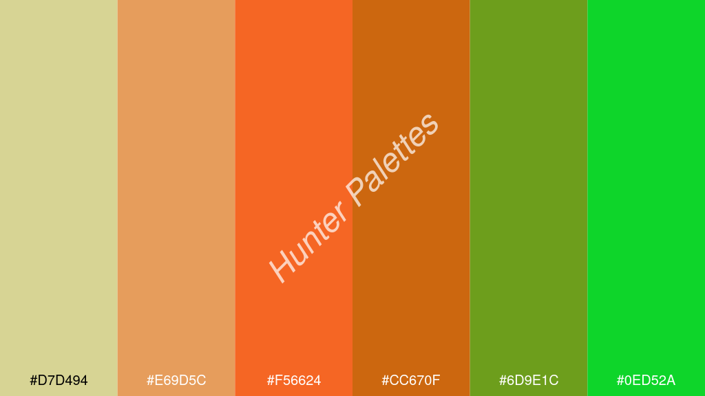 fluoreszkáló narancs szín palettája a következőkkel: #d7d494 #e69d5c #f56624 #cc670f #6d9e1c #0ed52a