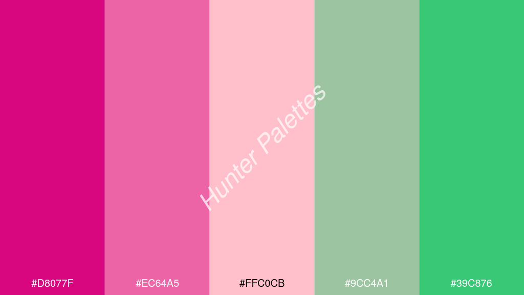 rózsaszín szín palettája a következőkkel: #d8077f #ec64a5 #ffc0cb #9cc4a1 #39c876