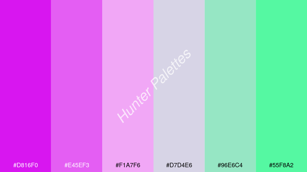 világos rózsaszín szín palettája a következőkkel: #d816f0 #e45ef3 #f1a7f6 #d7d4e6 #96e6c4 #55f8a2
