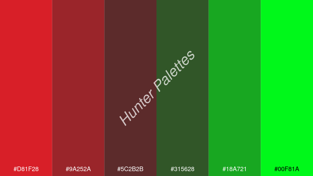 wenge szín palettája a következőkkel: #d81f28 #9a252a #5c2b2b #315628 #18a721 #00f81a