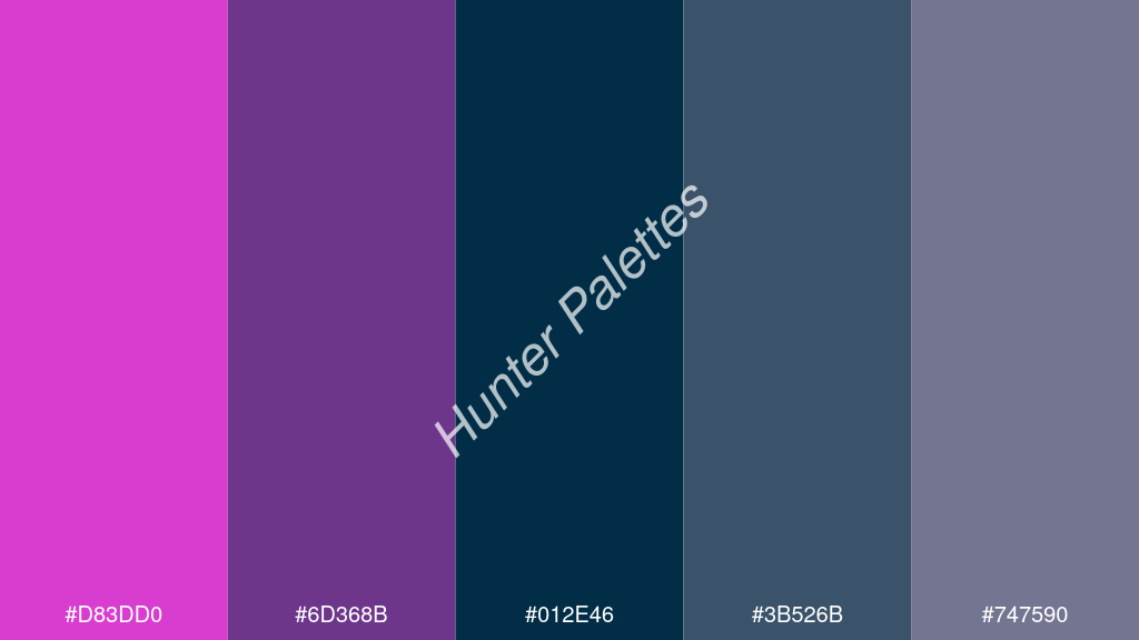 pávakék szín palettája a következőkkel: #d83dd0 #6d368b #012e46 #3b526b #747590