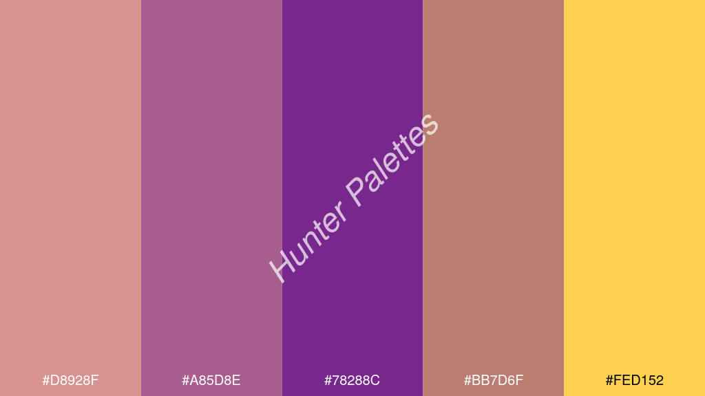 ibolya szín palettája a következőkkel: #d8928f #a85d8e #78288c #bb7d6f #fed152