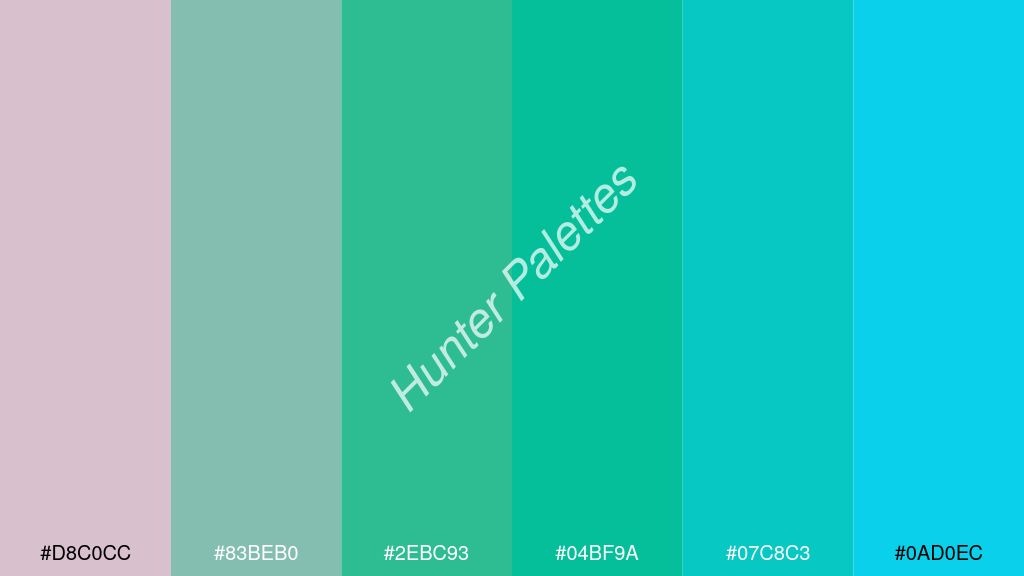 akvamarinzöld szín palettája a következőkkel: #d8c0cc #83beb0 #2ebc93 #04bf9a #07c8c3 #0ad0ec
