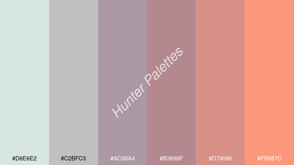 pasztell lila szín palettája a következőkkel: #d8e6e2 #c2bfc3 #ac98a4 #b3898f #d79086 #fb987c