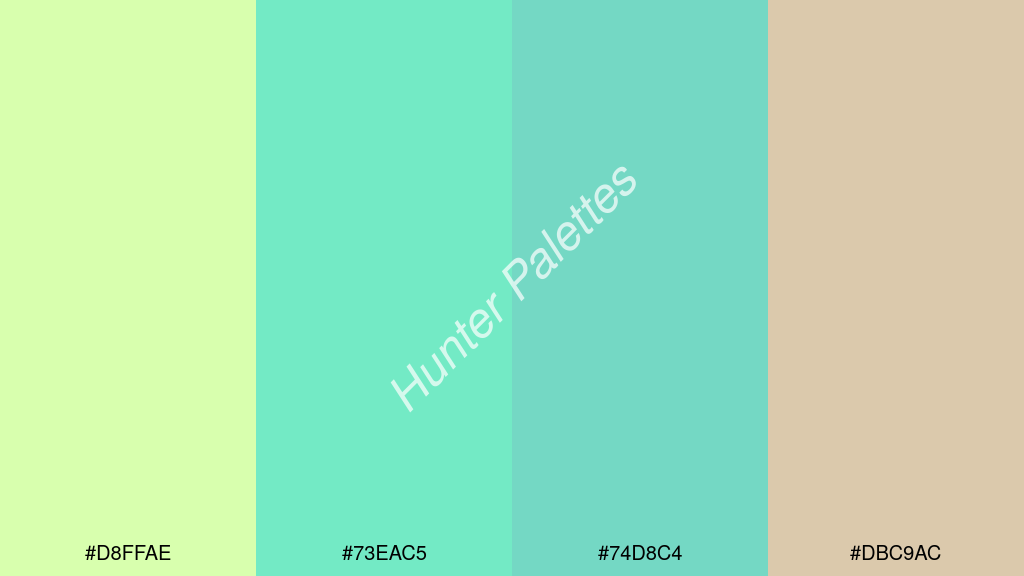 türkiz szín palettája a következőkkel: #d8ffae #73eac5 #74d8c4 #dbc9ac