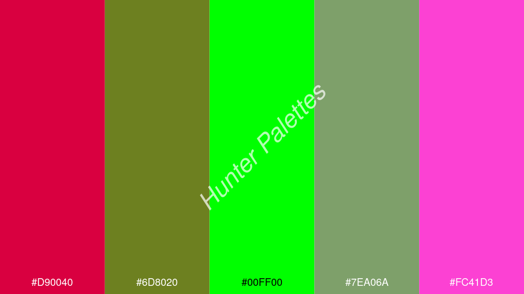 zöld szín palettája a következőkkel: #d90040 #6d8020 #00ff00 #7ea06a #fc41d3