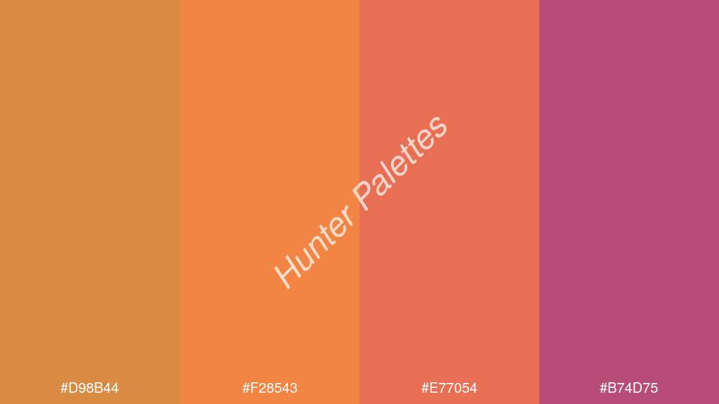 mangó szín palettája a következőkkel: #d98b44 #f28543 #e77054 #b74d75