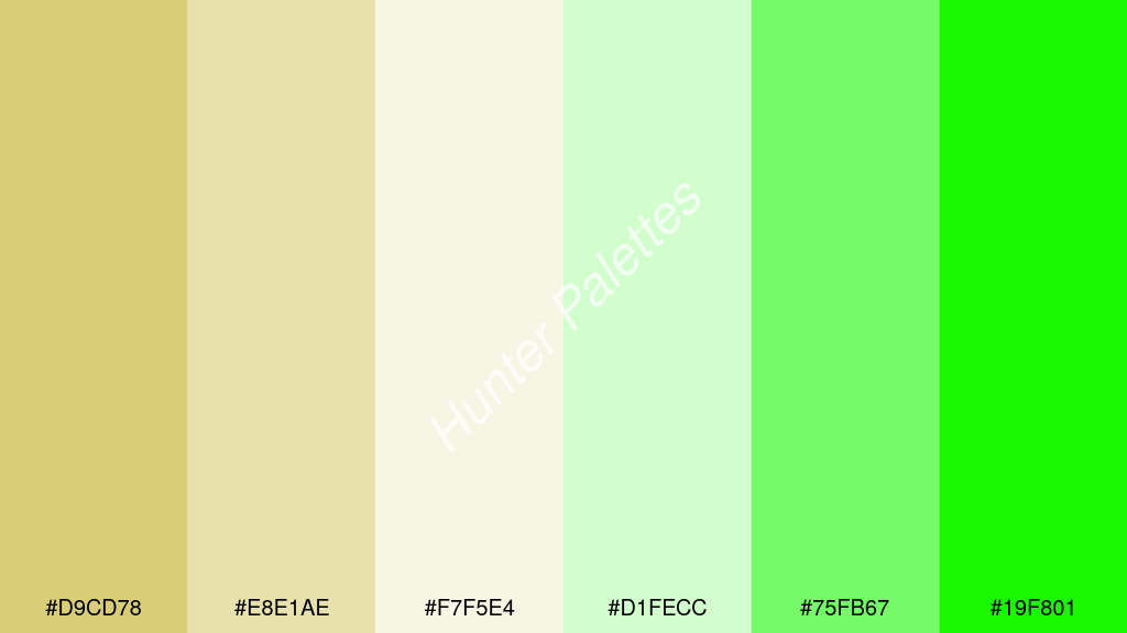 fehér szín palettája a következőkkel: #d9cd78 #e8e1ae #f7f5e4 #d1fecc #75fb67 #19f801