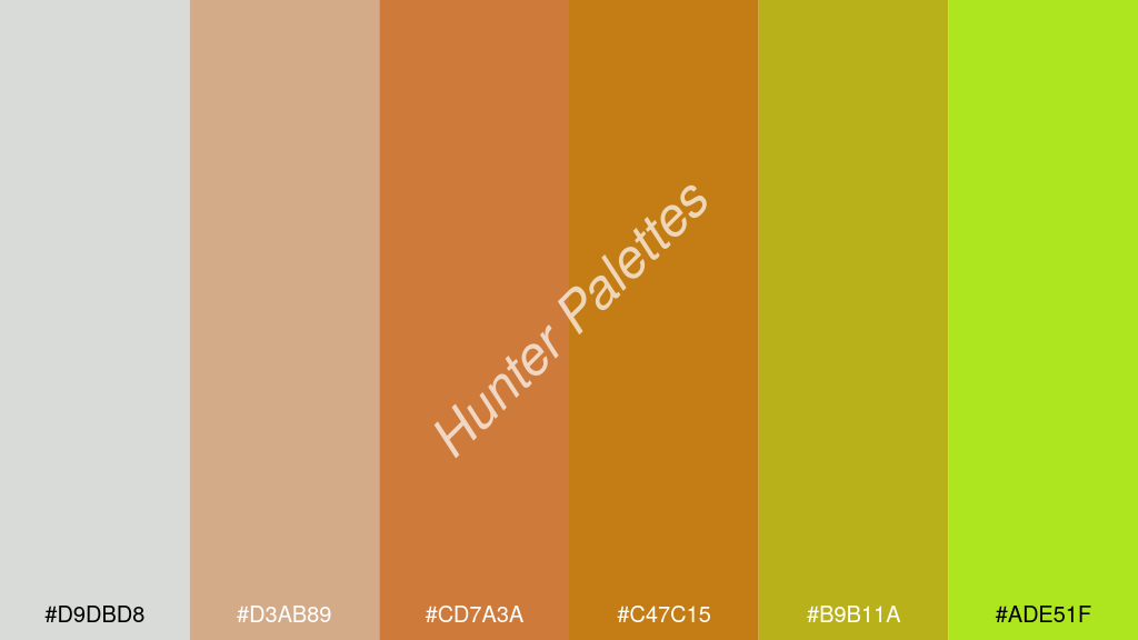 sötét narancs szín palettája a következőkkel: #d9dbd8 #d3ab89 #cd7a3a #c47c15 #b9b11a #ade51f