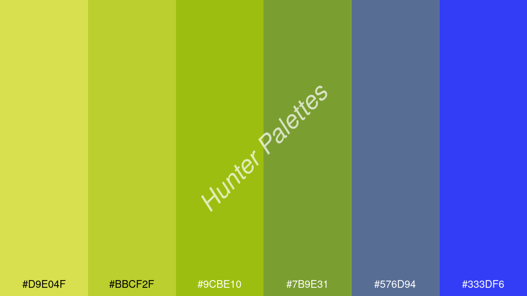 alma zöld szín palettája a következőkkel: #d9e04f #bbcf2f #9cbe10 #7b9e31 #576d94 #333df6