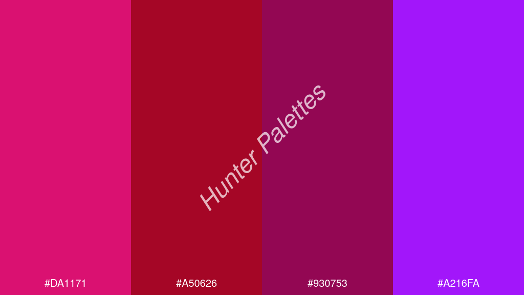 sötétvörös szín palettája a következőkkel: #da1171 #a50626 #930753 #a216fa