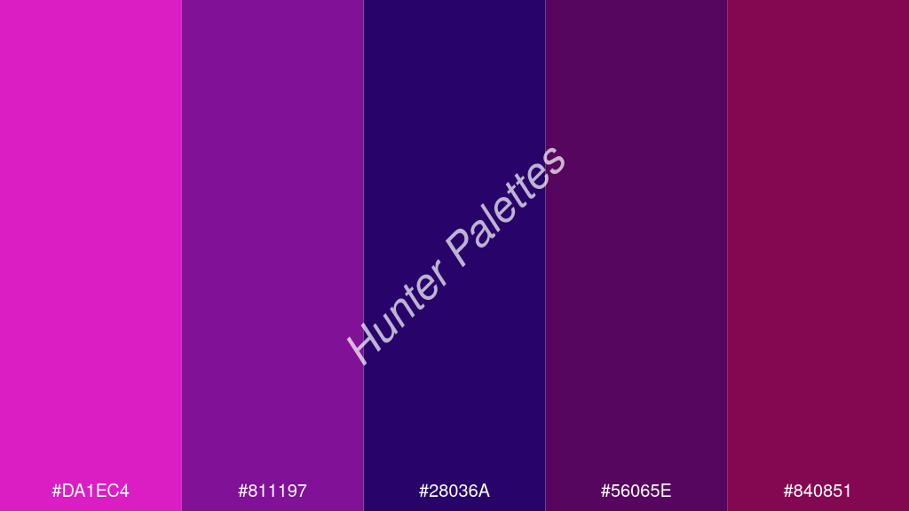 Francia kék szín palettája a következőkkel: #da1ec4 #811197 #28036a #56065e #840851
