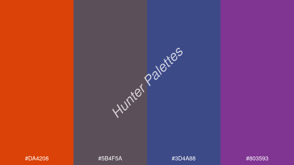 Capri kék szín palettája a következőkkel: #da4208 #5b4f5a #3d4a88 #803593
