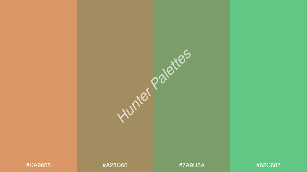 olívazöld szín palettája a következőkkel: #da9665 #a28d60 #7a9d6a #62c685