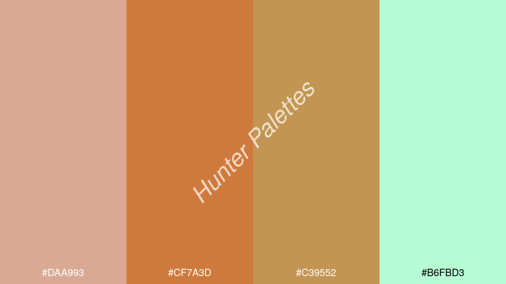 sötét narancs szín palettája a következőkkel: #daa993 #cf7a3d #c39552 #b6fbd3