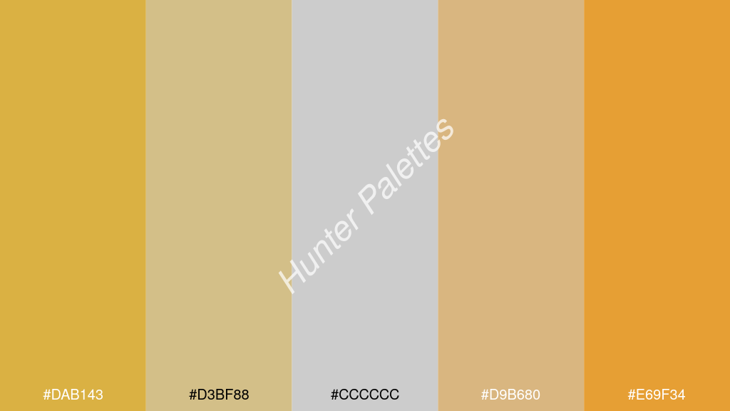 cccccc szín palettája a következőkkel: #dab143 #d3bf88 #cccccc #d9b680 #e69f34