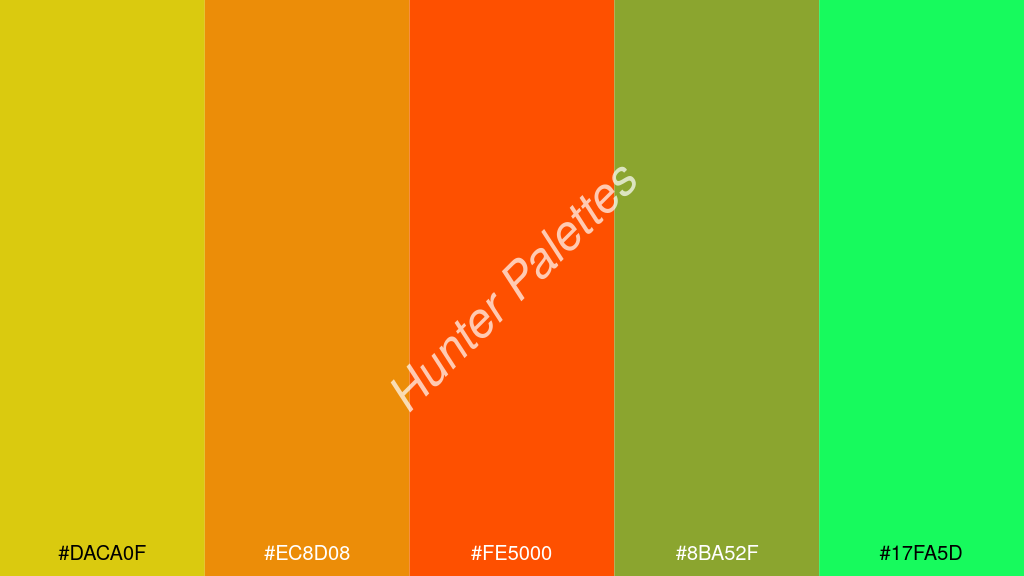 Pantone narancs szín palettája a következőkkel: #daca0f #ec8d08 #fe5000 #8ba52f #17fa5d