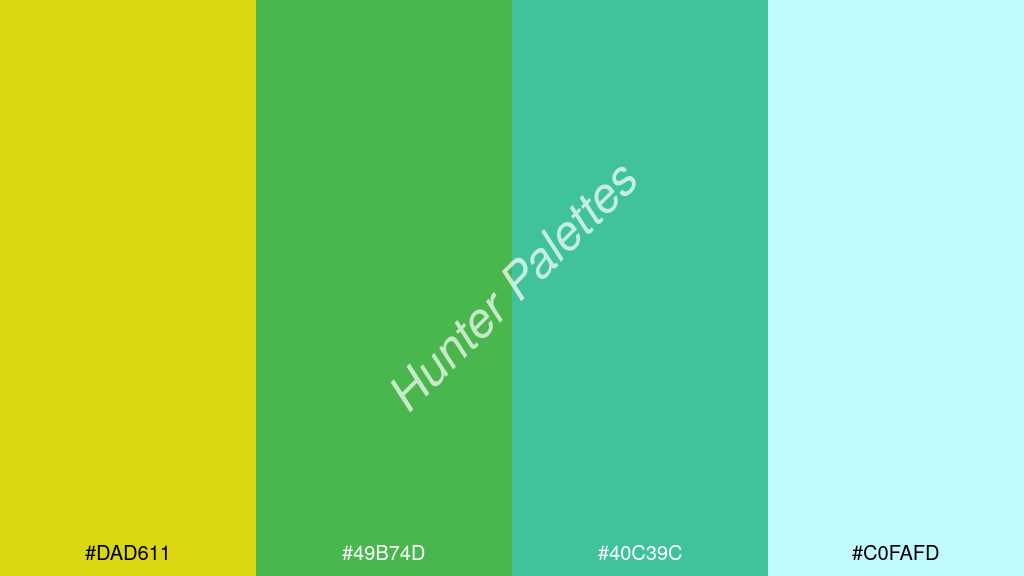jáde szín palettája a következőkkel: #dad611 #49b74d #40c39c #c0fafd
