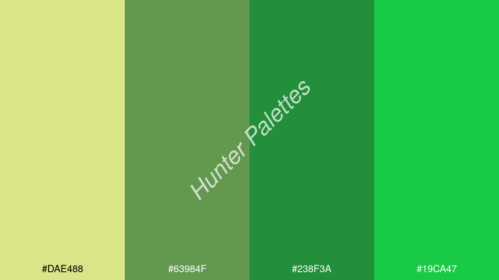smaragdzöld szín palettája a következőkkel: #dae488 #63984f #238f3a #19ca47