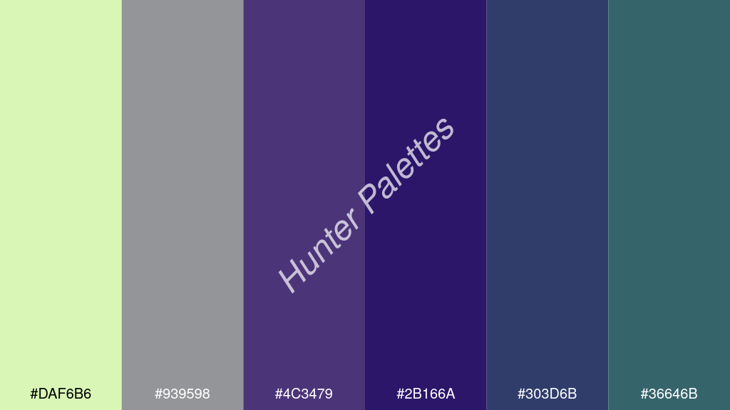 Francia kék szín palettája a következőkkel: #daf6b6 #939598 #4c3479 #2b166a #303d6b #36646b